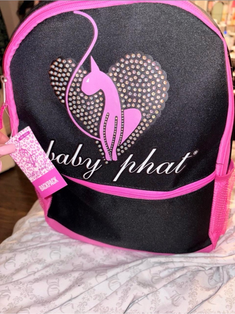 Baby Phat Black and Pink Rhinestone Heart Backpack
